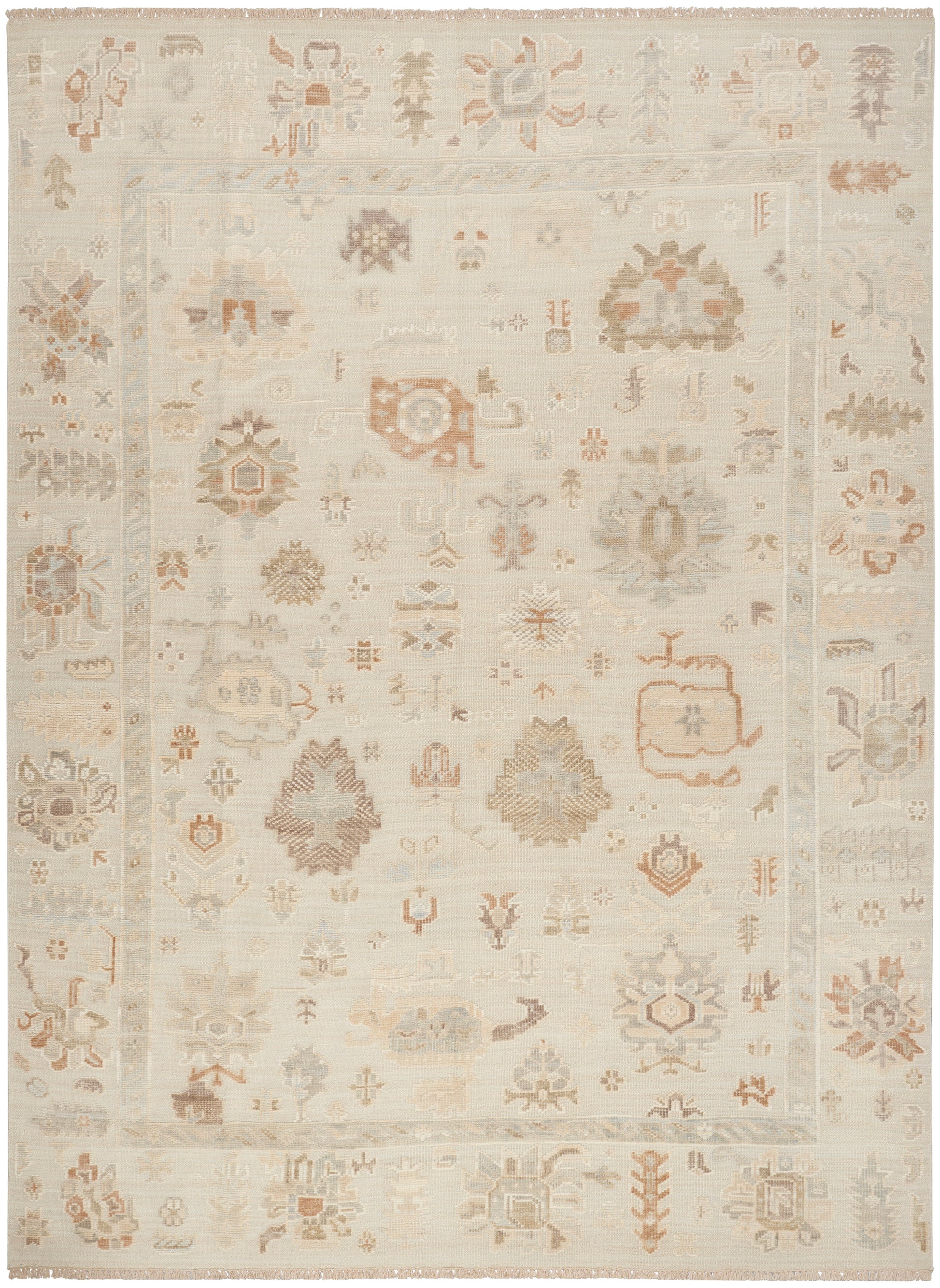 Ivory-toned rectangular oriental rug with soft peach accents, distressed motif patterns and subtle border.