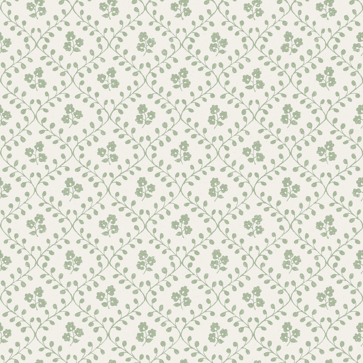 Wallpaper in cream with sage green vine lattice and small floral clusters forming diamonds.