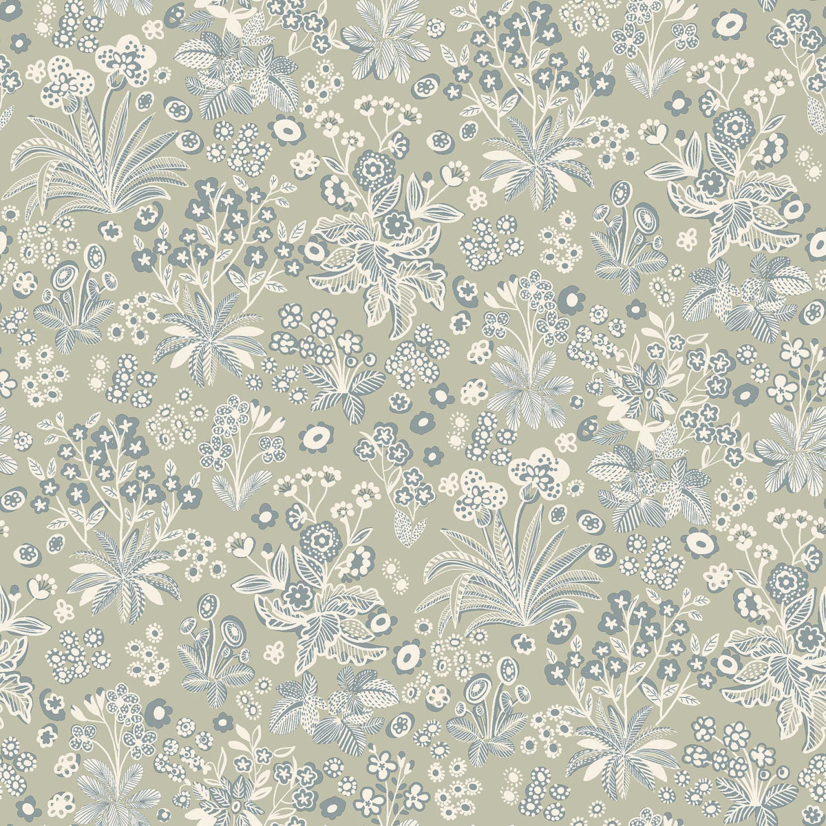 Beige wallpaper with blue-gray and white floral pattern featuring various flowers and foliage.