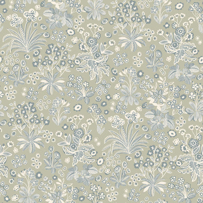 Beige wallpaper with blue-gray and white floral pattern featuring various flowers and foliage.