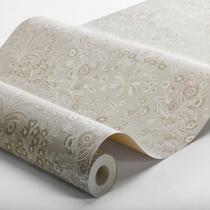 Cream wallpaper with white damask floral pattern, rolled sheet; elegant vintage wall decor.