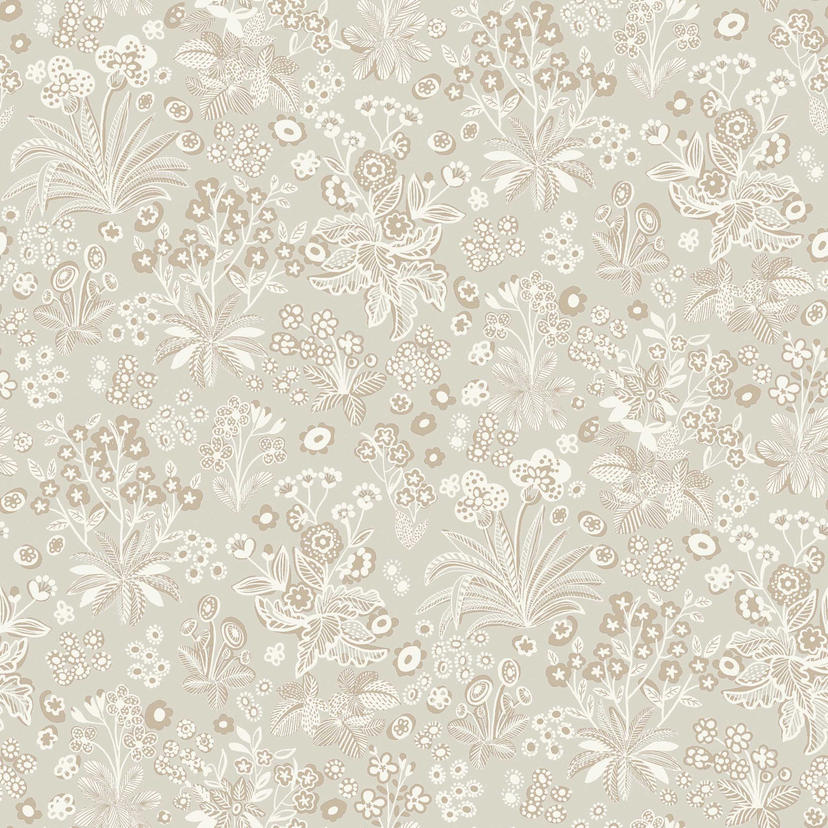 Beige-gray floral damask pattern with white botanicals and small blossoms; vintage botanical wallpaper design.