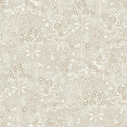 Beige-gray floral damask pattern with white botanicals and small blossoms; vintage botanical wallpaper design.