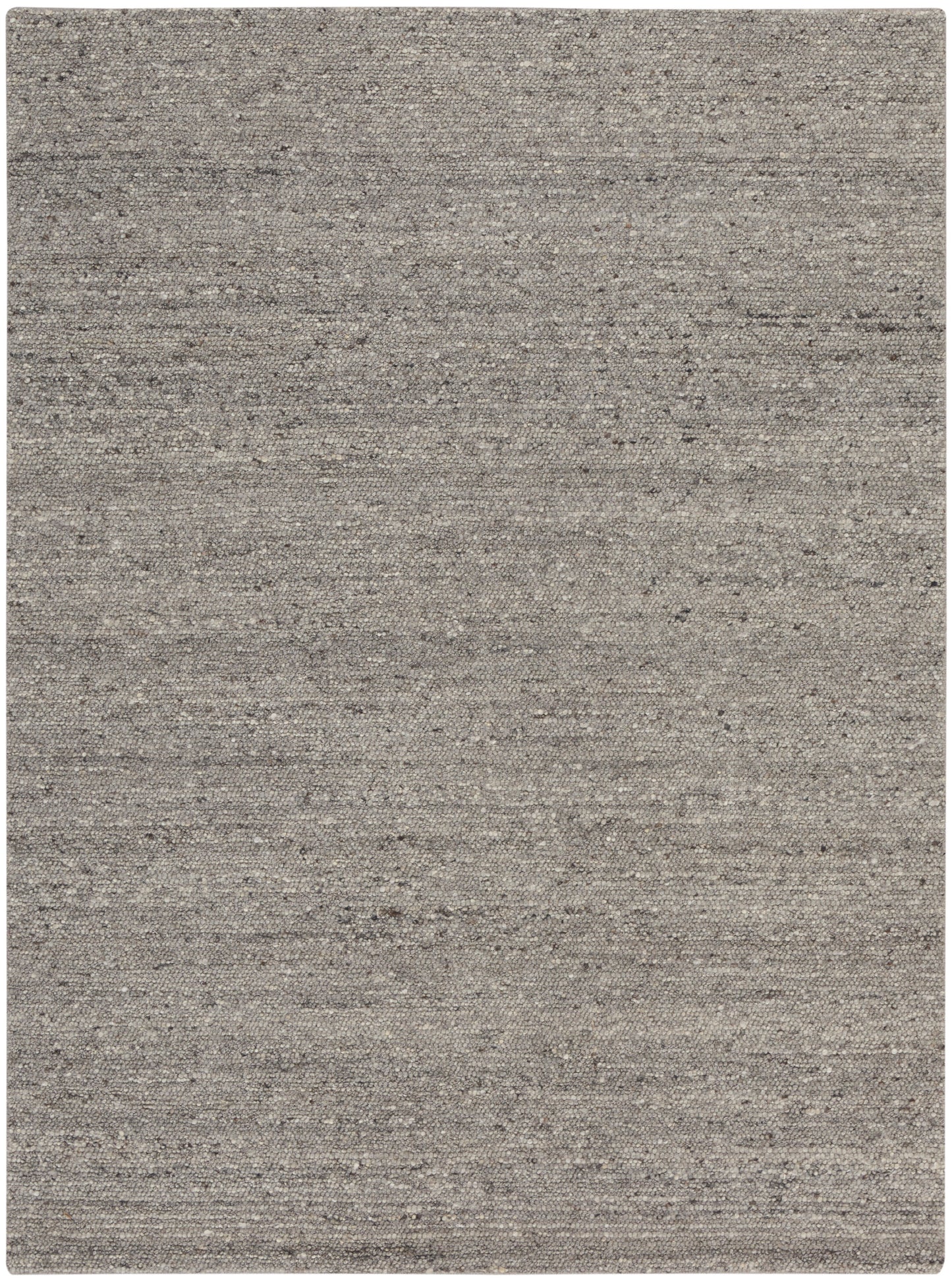 Grey textured area rug with a speckled, heathered weave in taupe and charcoal tones.