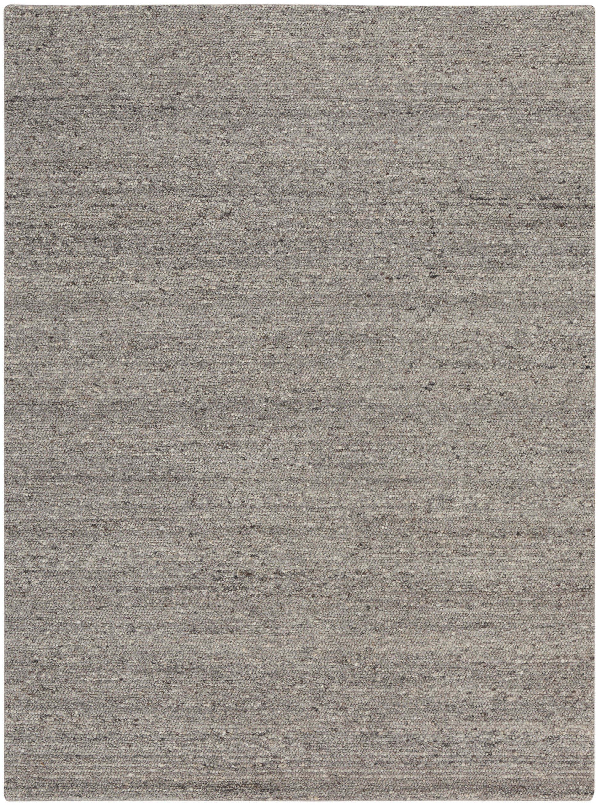 Grey textured area rug with a speckled, heathered weave in taupe and charcoal tones.