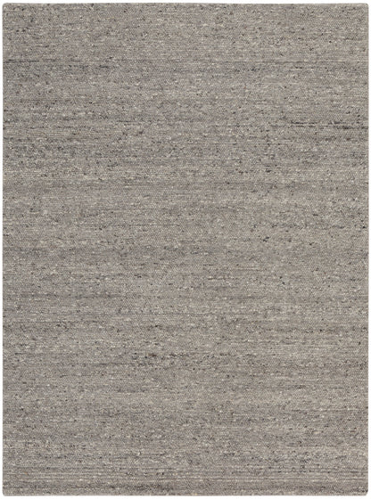 Grey textured area rug with a speckled, heathered weave in taupe and charcoal tones.