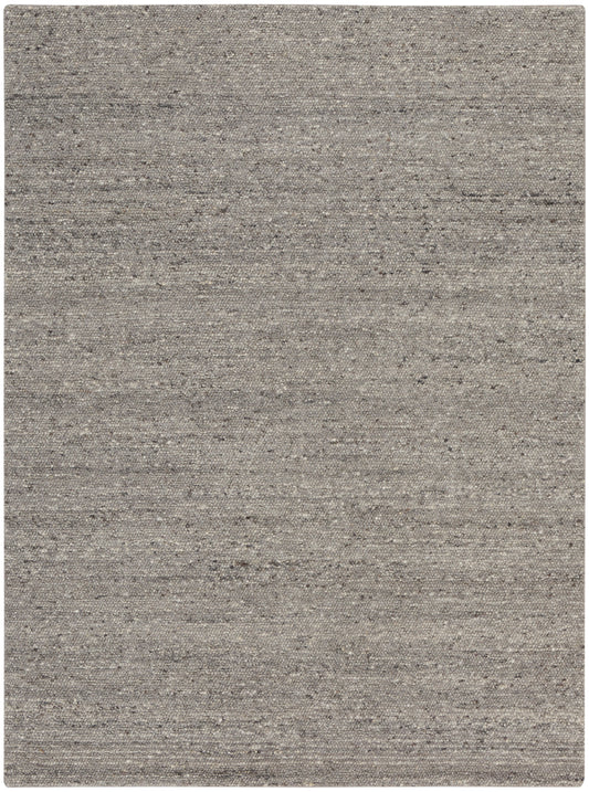 Grey textured area rug with a speckled, heathered weave in taupe and charcoal tones.