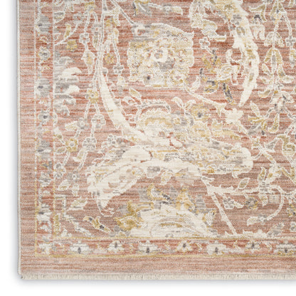 Distressed pink oriental runner rug with ivory floral medallions, cream border and fringe.