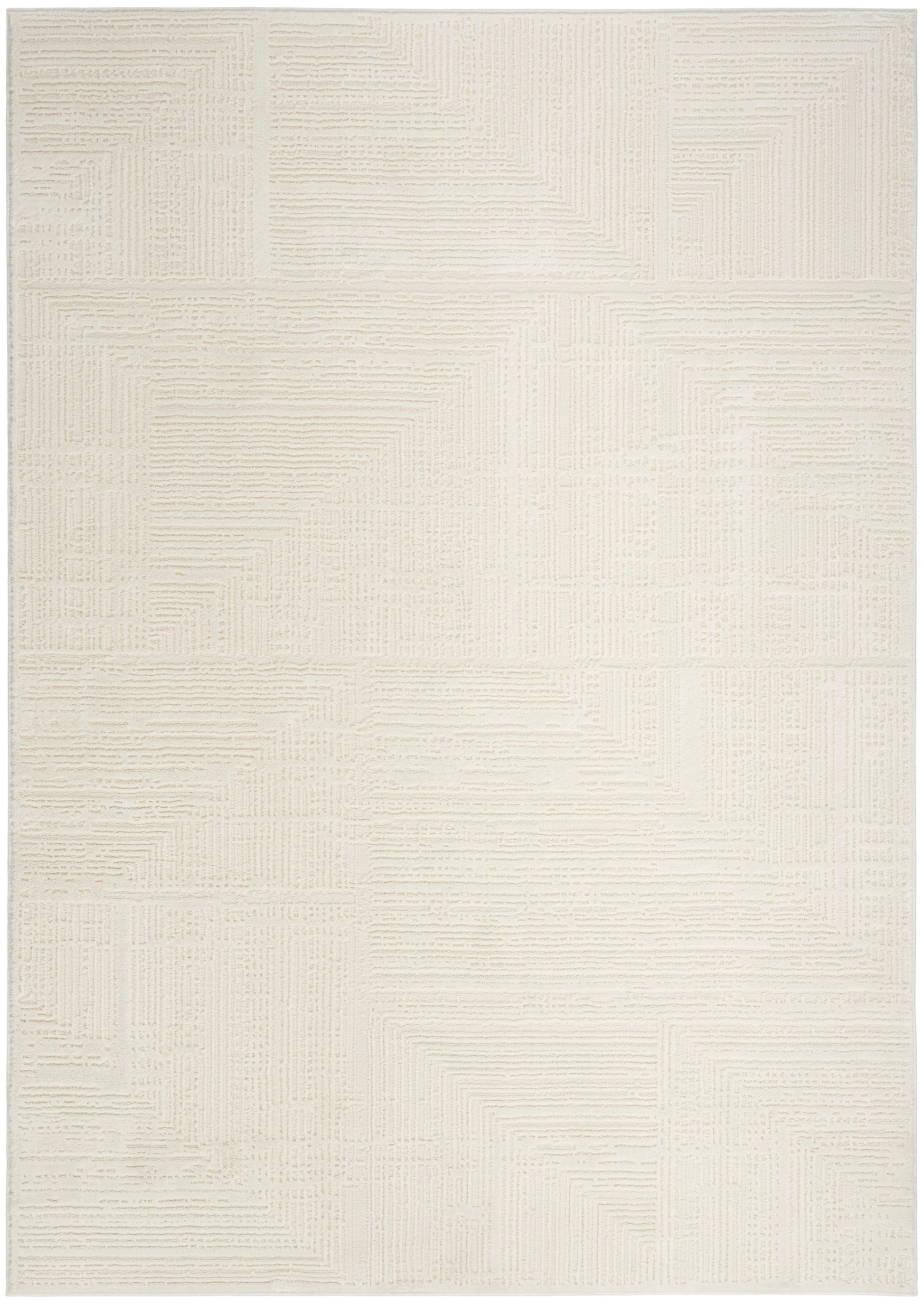Cream textured rug with subtle geometric patchwork created by raised linear patterns.