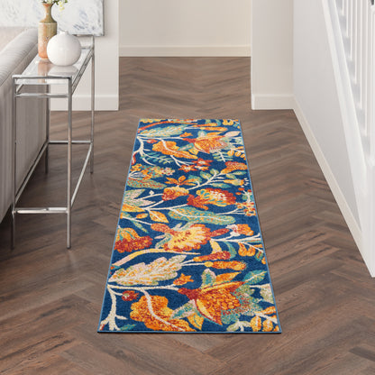 Blue floral hallway runner rug with orange & cream blossoms, teal leaves, low-pile textile for entryway decor.