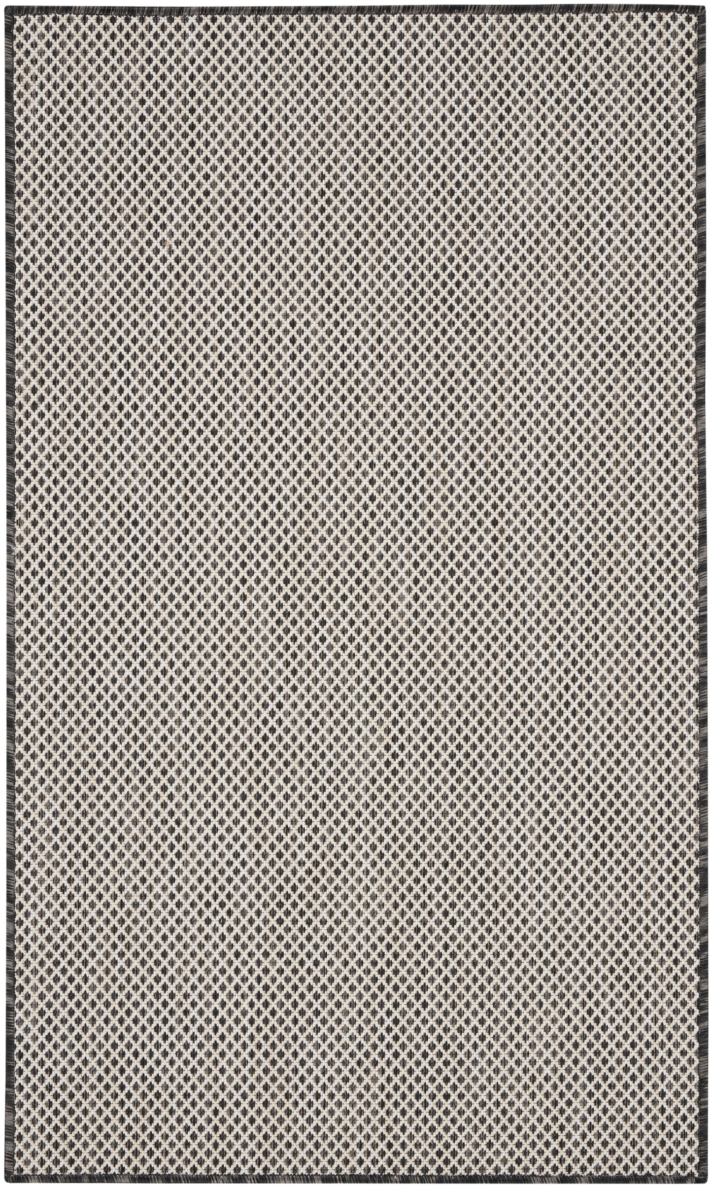 Beige flat-weave rug with tiny black diamond lattice pattern and dark border, rectangular.