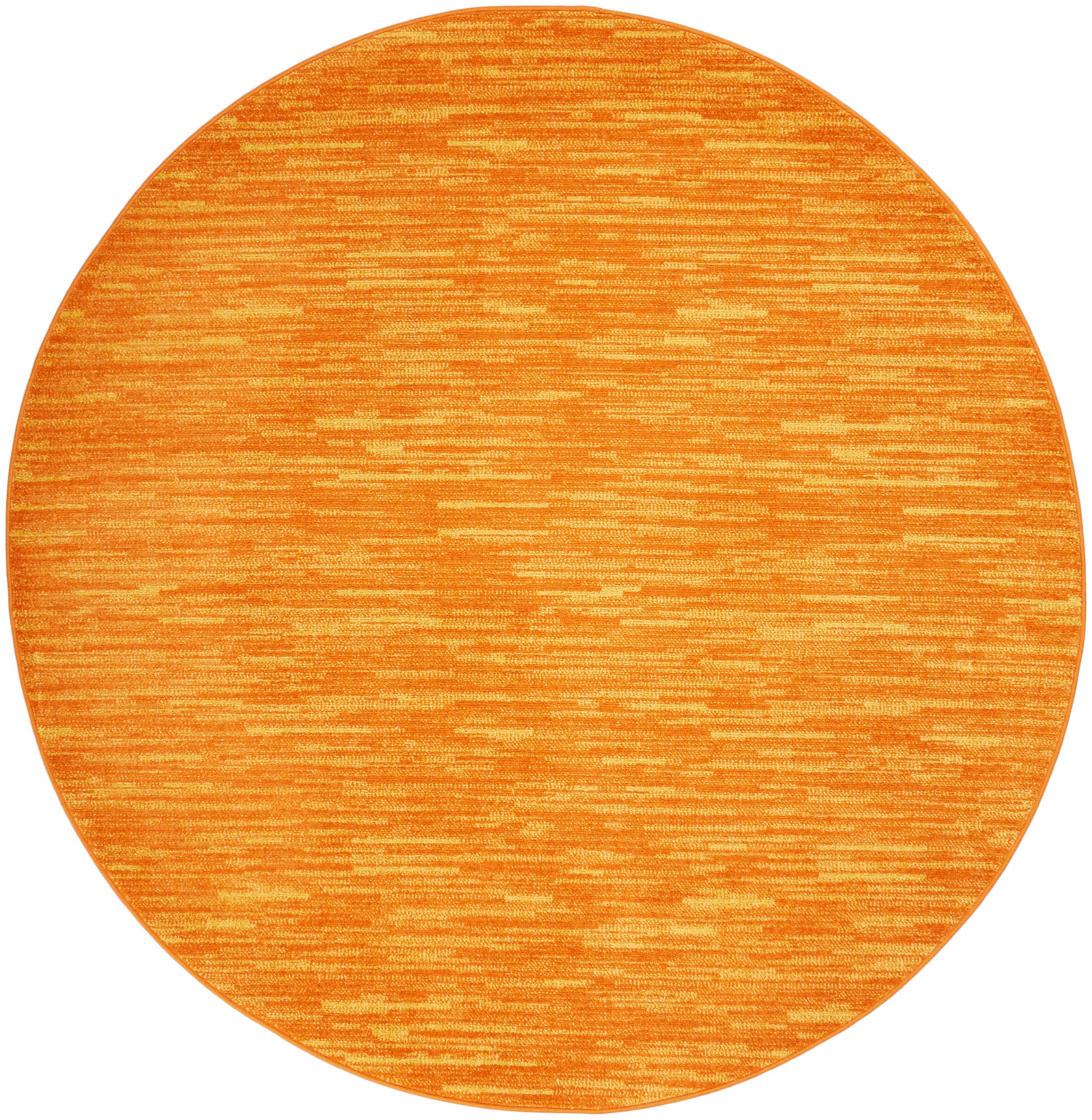 Round orange rug with subtle horizontal stripes; brushed texture in bright tangerine for modern living spaces.