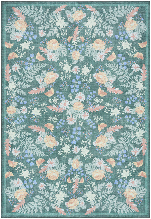 Rectangular area rug with teal background and an all-over pastel floral pattern in peach, cream, blue and green leaves.