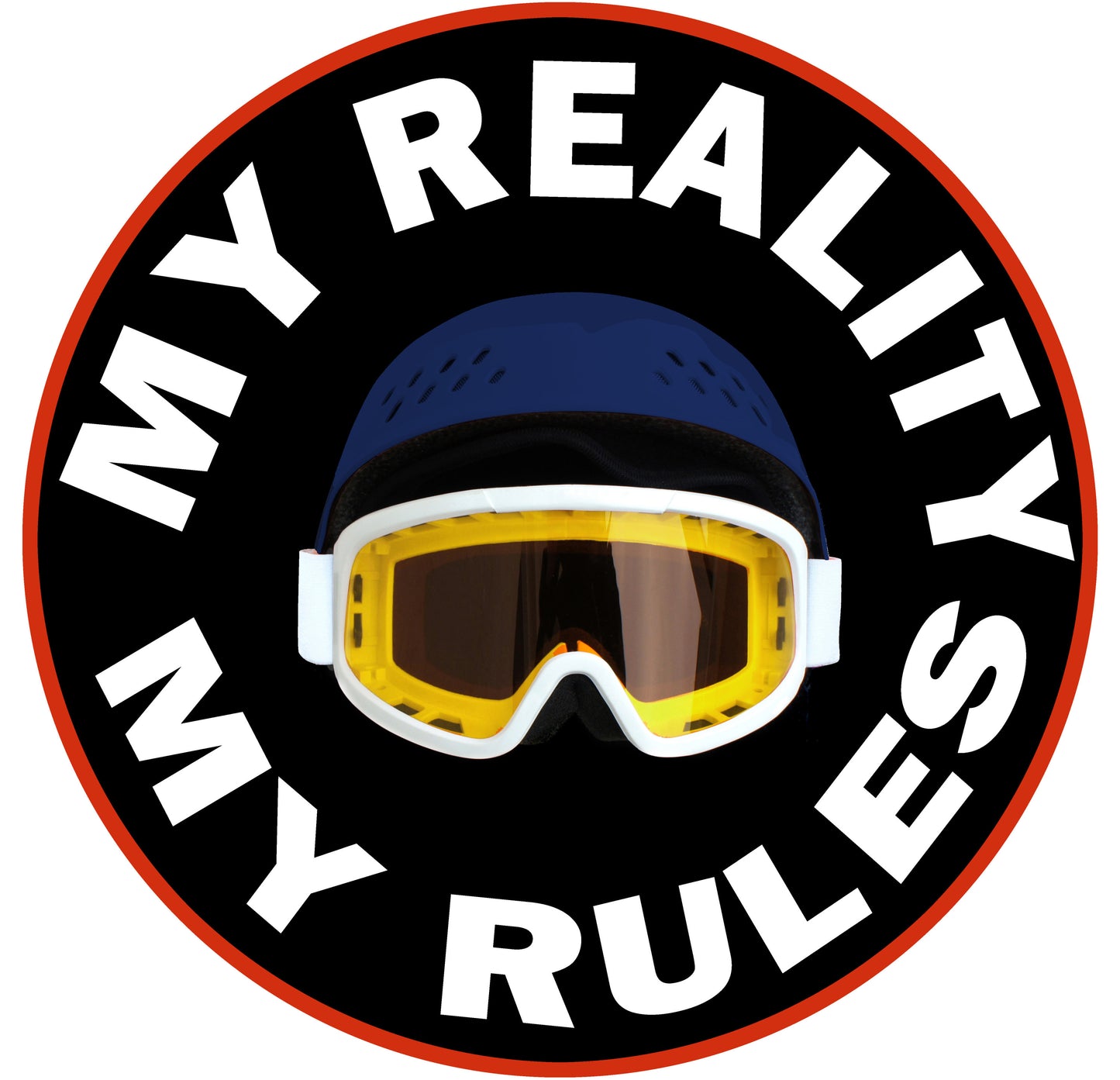 Round badge with red rim, black center, white text MY REALITY MY RULES; blue ski helmet with yellow goggles.