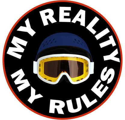 Round badge with red rim, black center, white text MY REALITY MY RULES; blue ski helmet with yellow goggles.