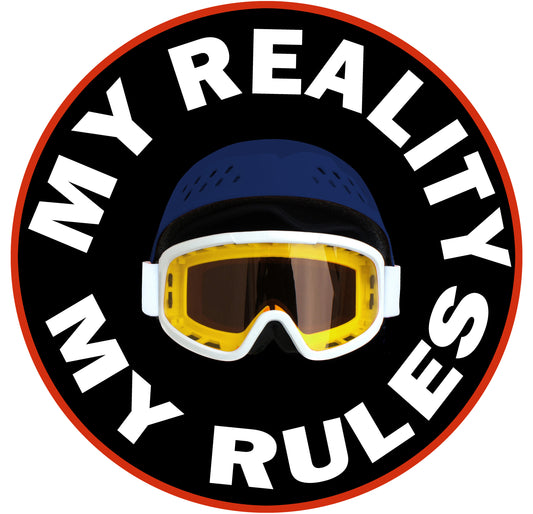 Round badge with red rim, black center, white text MY REALITY MY RULES; blue ski helmet with yellow goggles.