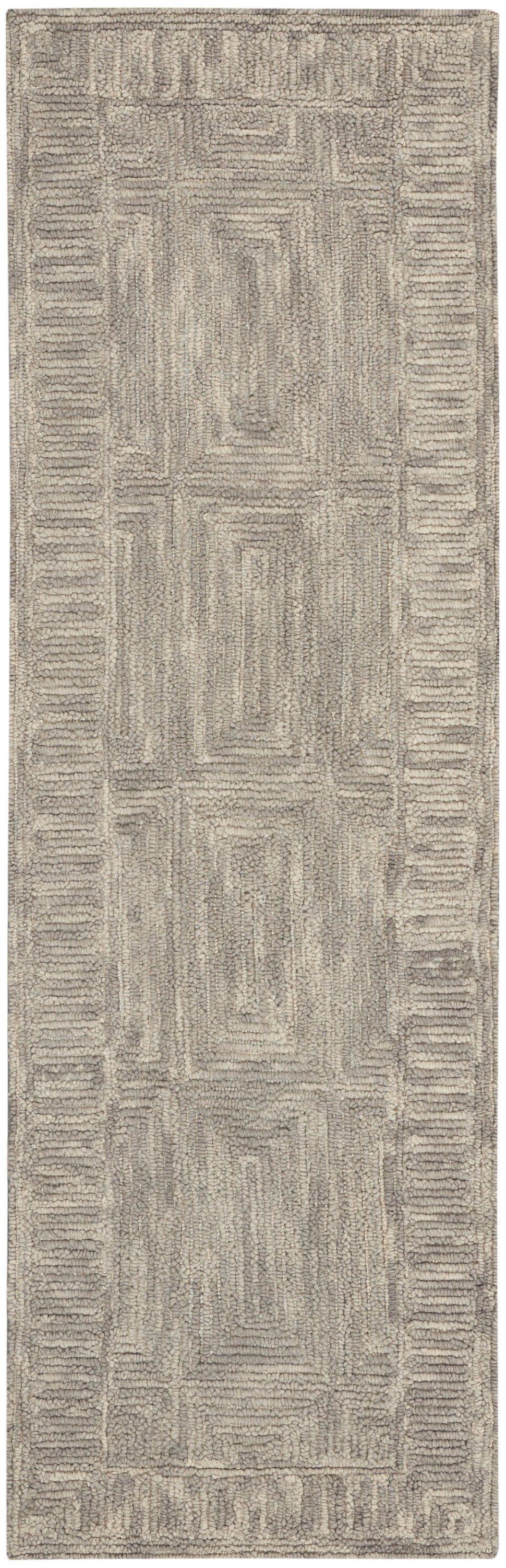 Beige hallway runner rug with plush textured surface and geometric border in taupe tones.