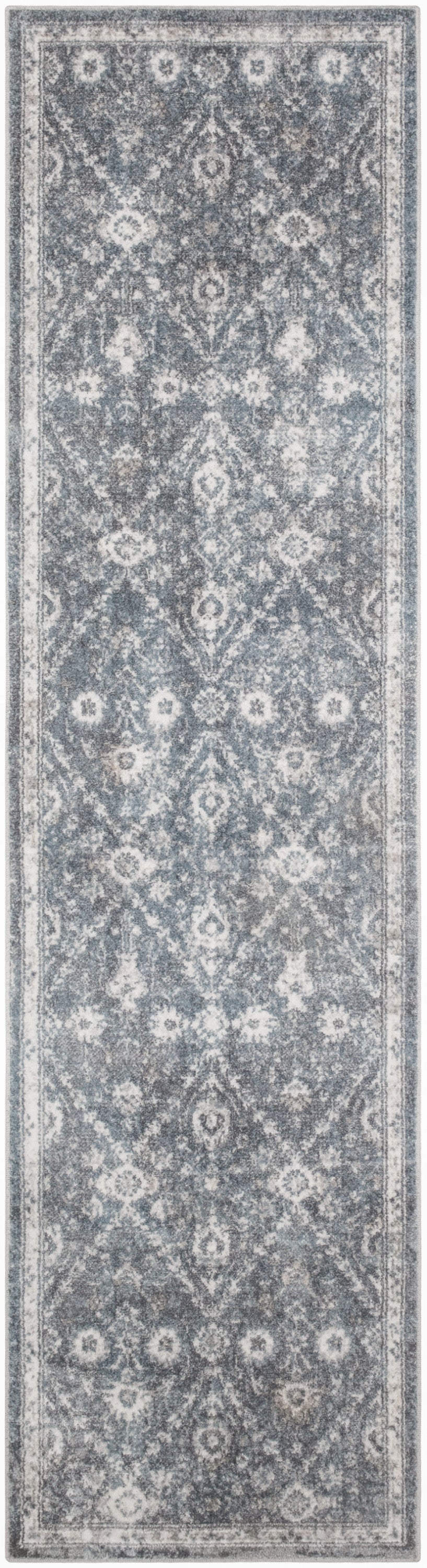 Blue-gray oriental runner rug with ivory damask motifs and decorative borders along length.