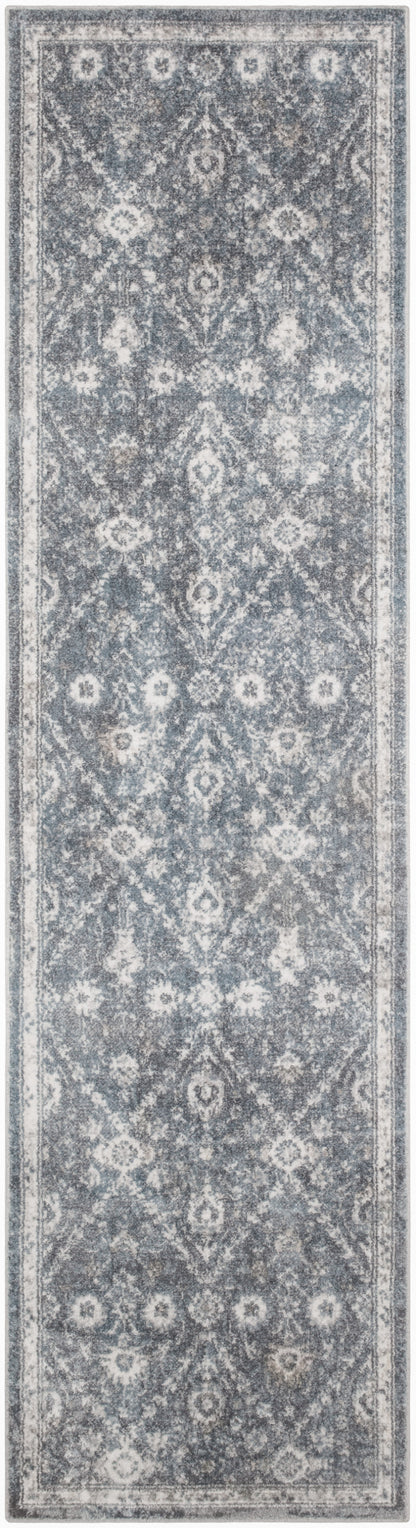 Blue-gray oriental runner rug with ivory damask motifs and decorative borders along length.