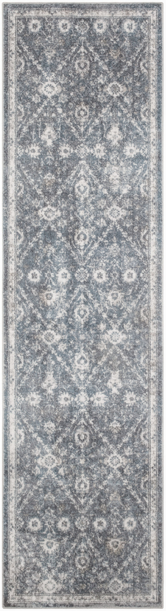 Blue-gray oriental runner rug with ivory damask motifs and decorative borders along length.