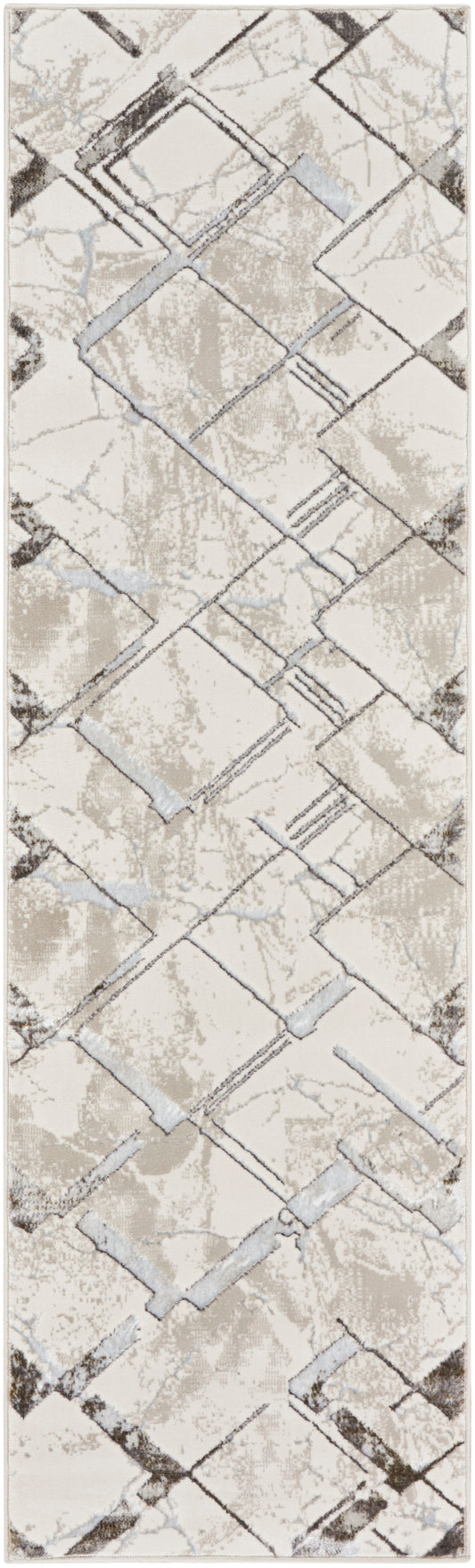 Beige 8' runner rug with a subtle diamond lattice pattern in gray tones.