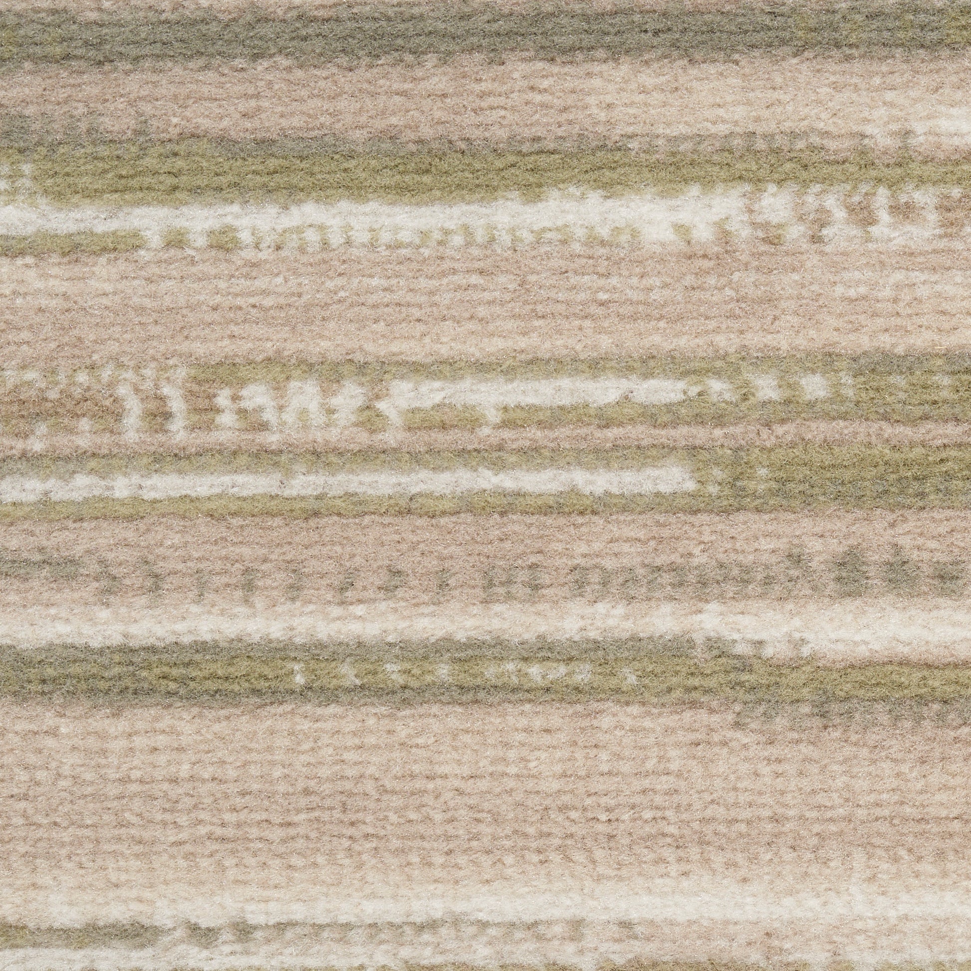 Close-up of a striped beige rug with soft green and pink-beige bands; woven pile, cozy home decor.