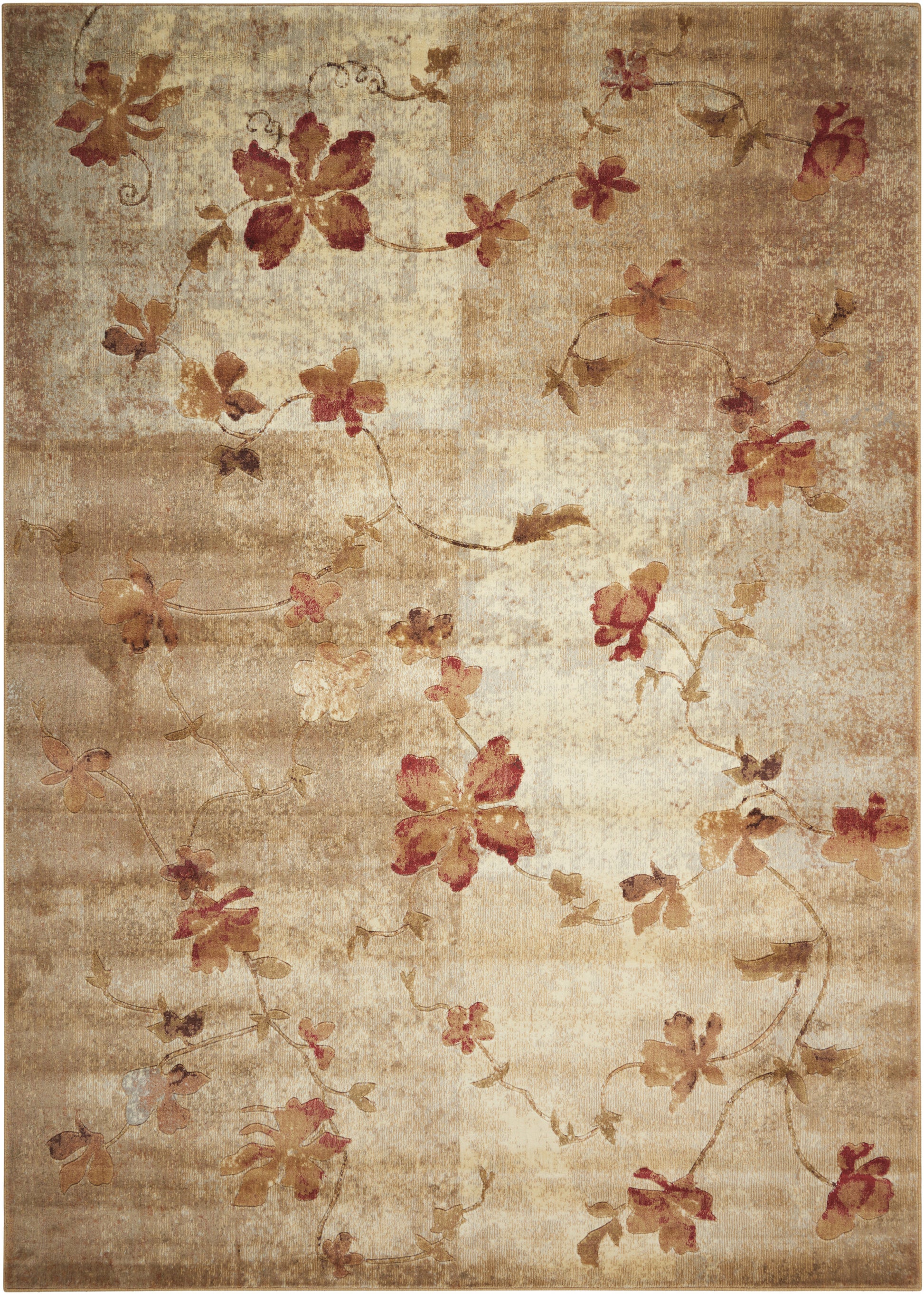 Beige floral rug with twisting vines and pink-red flowers in a vintage faded design.
