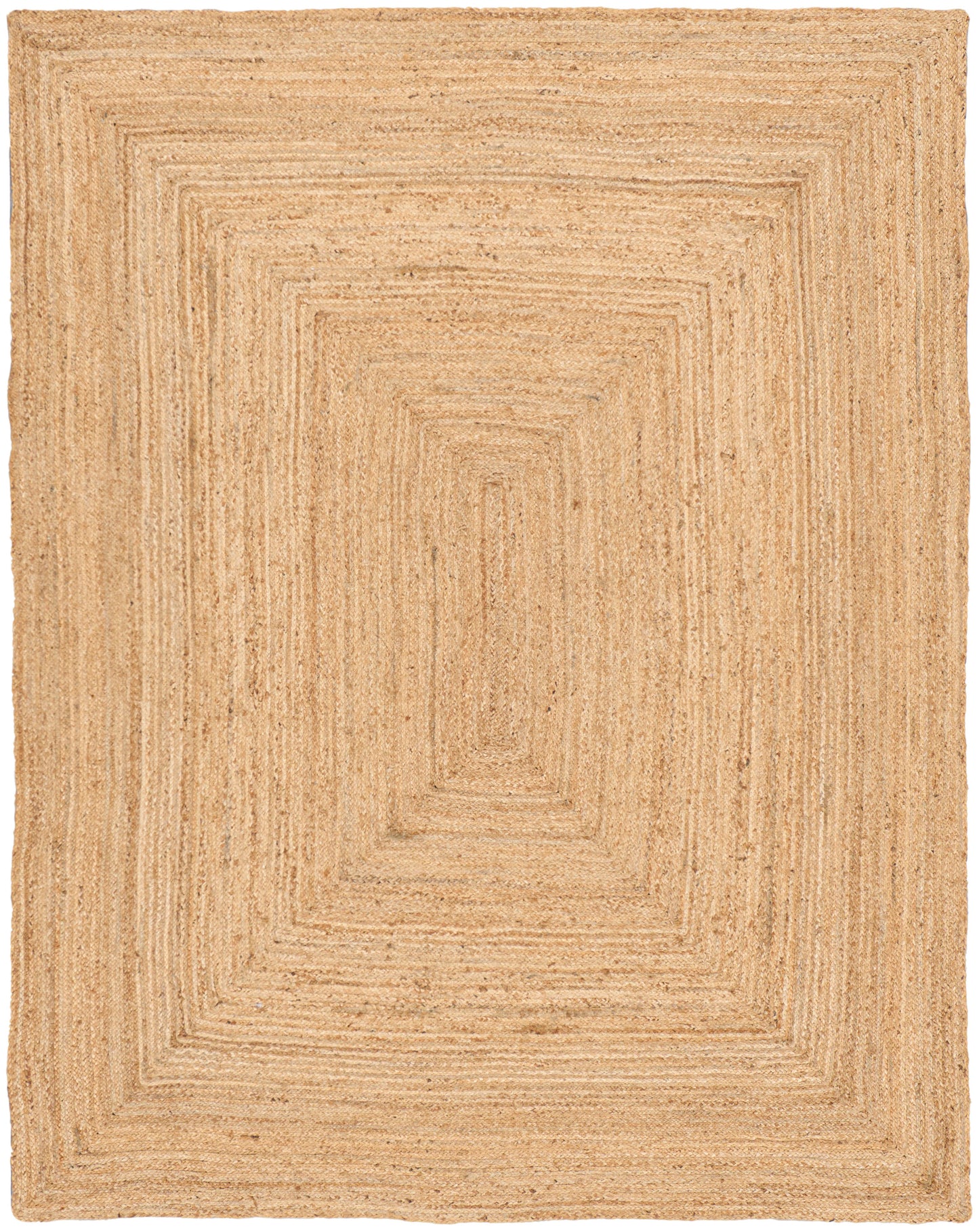 Natural beige jute rug, rectangular with concentric square borders; rustic woven texture.