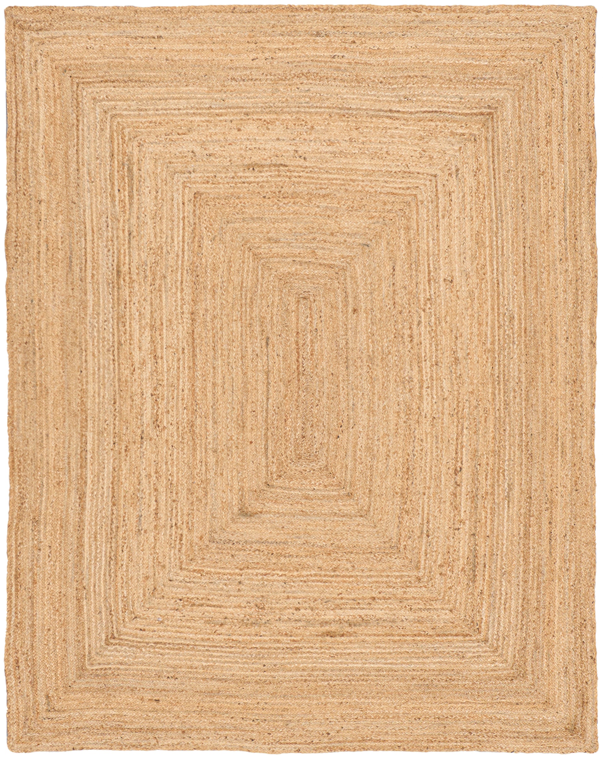 Natural beige jute rug, rectangular with concentric square borders; rustic woven texture.