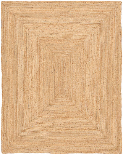 Natural beige jute rug, rectangular with concentric square borders; rustic woven texture.
