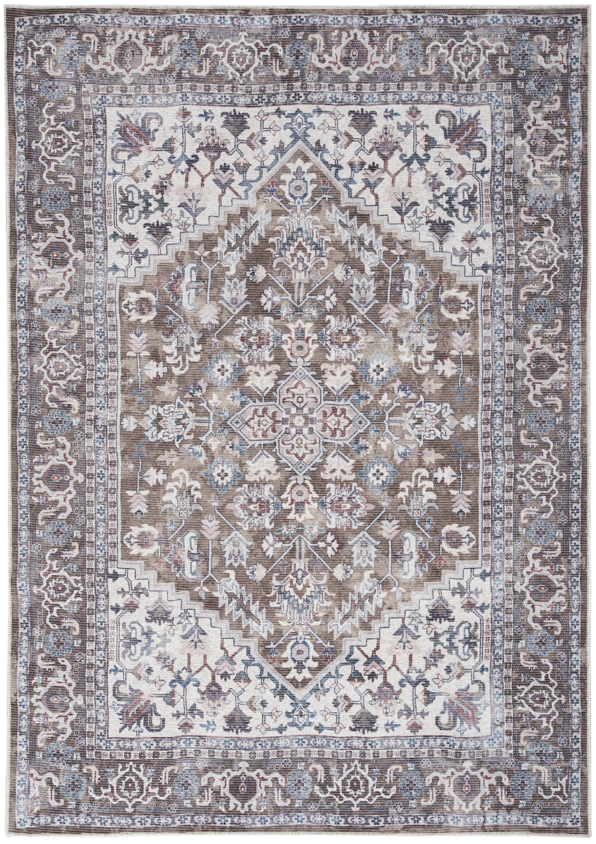 Persian-style area rug with a central brown medallion, ivory and blue floral motifs, and an ornate border.