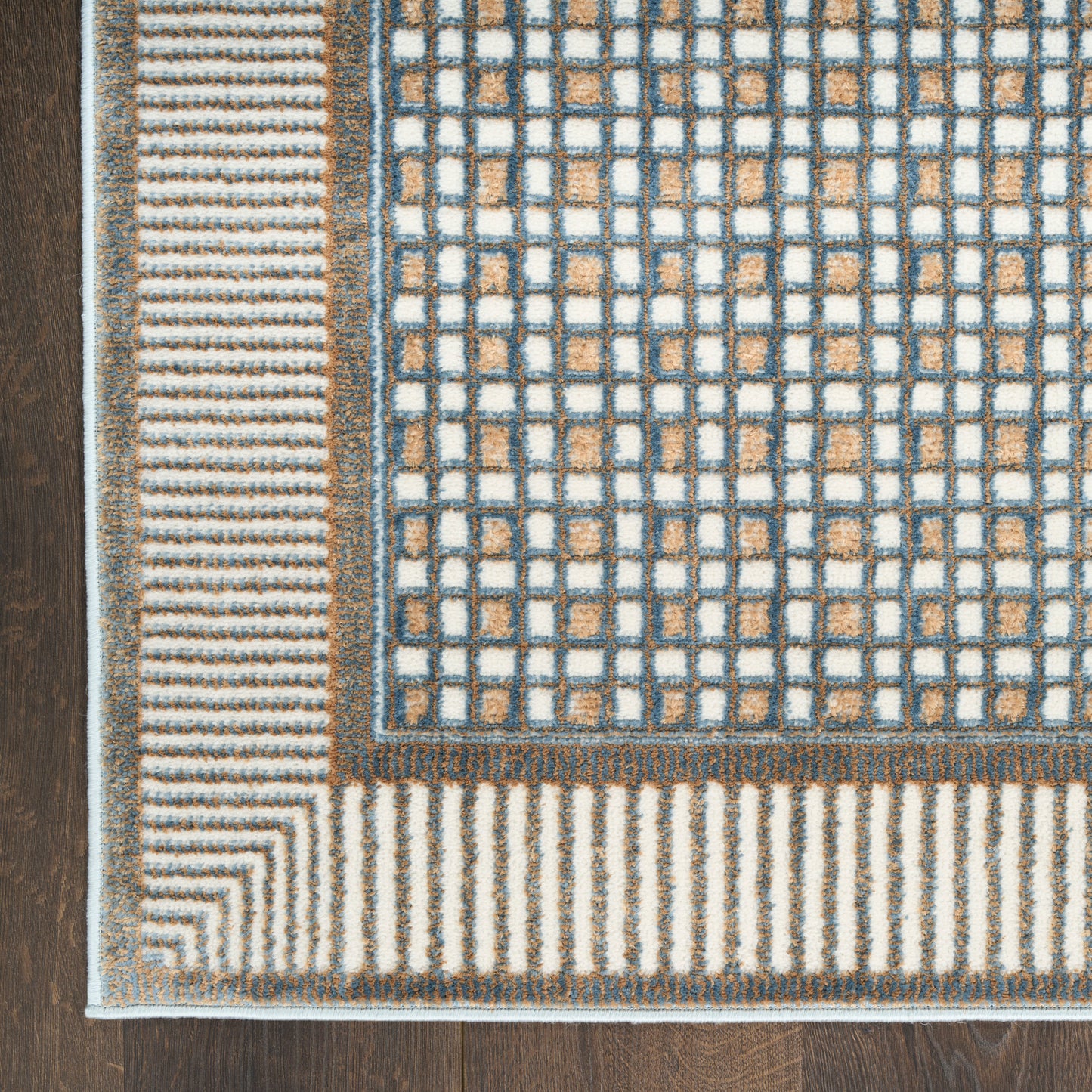 Rectangular runner rug with blue grid over tan and white, framed by blue and brown borders on a dark wood floor.