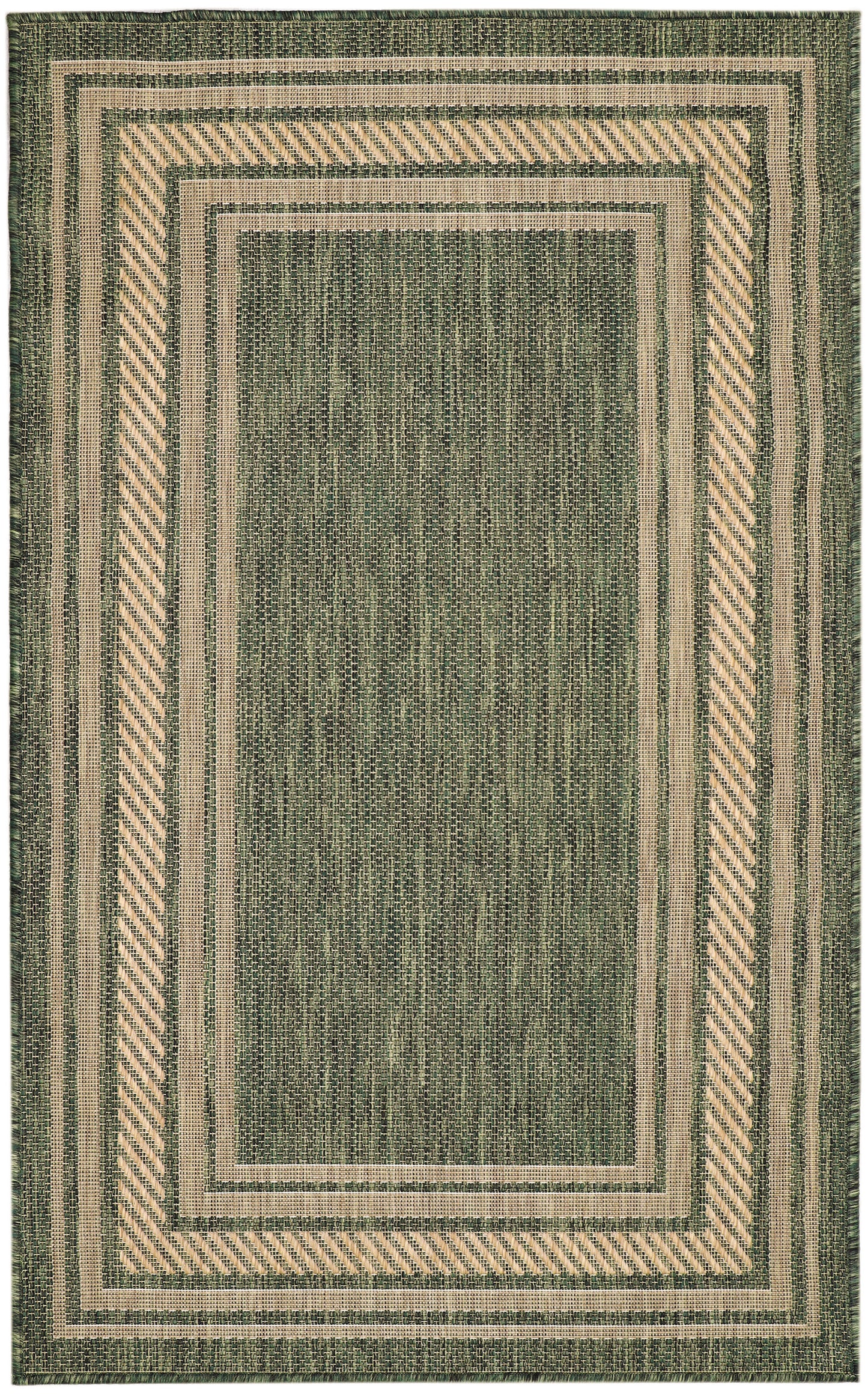 Green and natural beige flatwoven rug with concentric rectangular borders and diagonal striped inner frame.