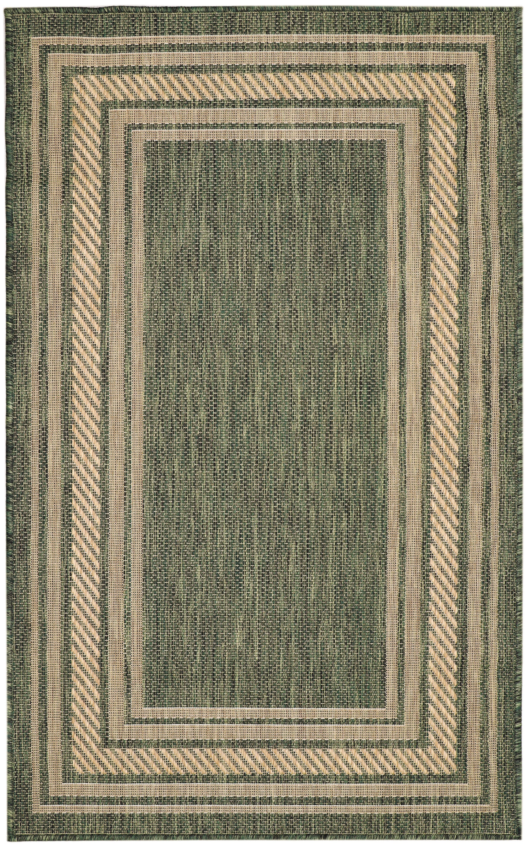 Green and natural beige flatwoven rug with concentric rectangular borders and diagonal striped inner frame.