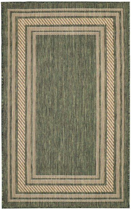 Green and natural beige flatwoven rug with concentric rectangular borders and diagonal striped inner frame.