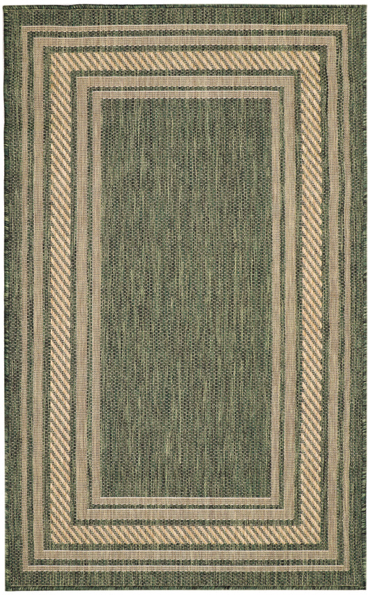 Green and natural beige flatwoven rug with concentric rectangular borders and diagonal striped inner frame.