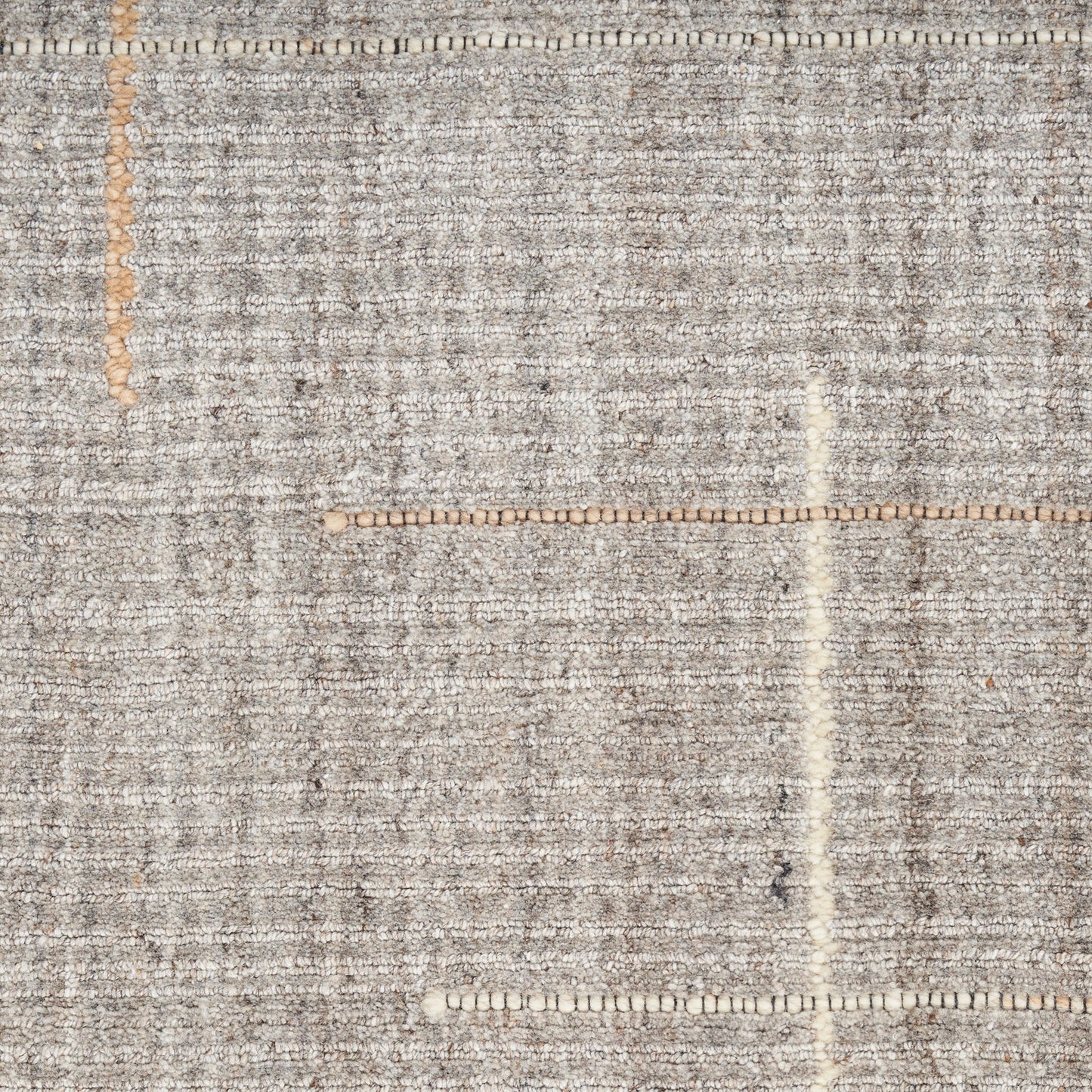 Gray flat-weave rug with subtle beige linear stripes and grid pattern; neutral modern look, low-pile.