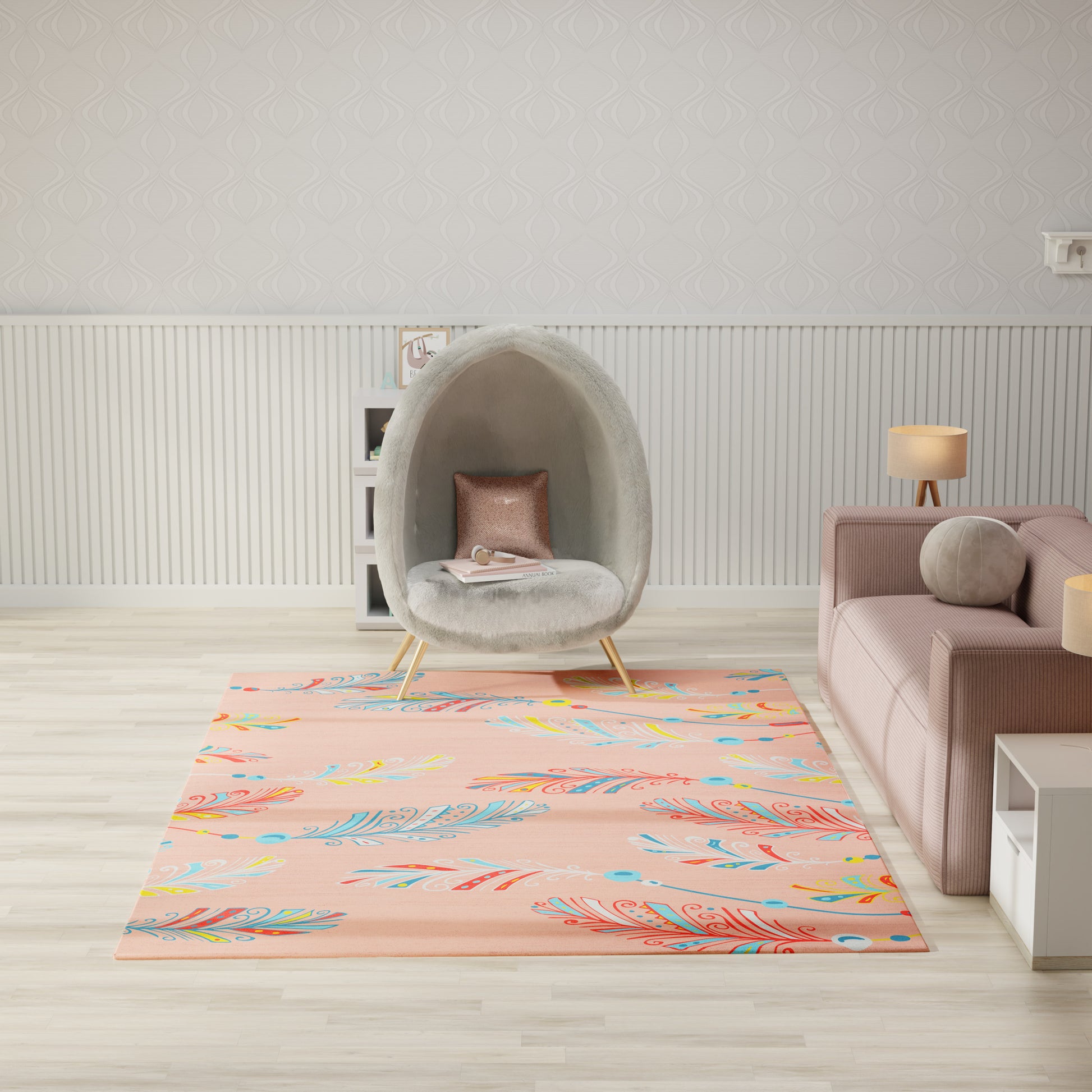 Abstract-pattern kid's rug in peach tones, 7' x 9', shown in a pastel living room with a pink sofa.