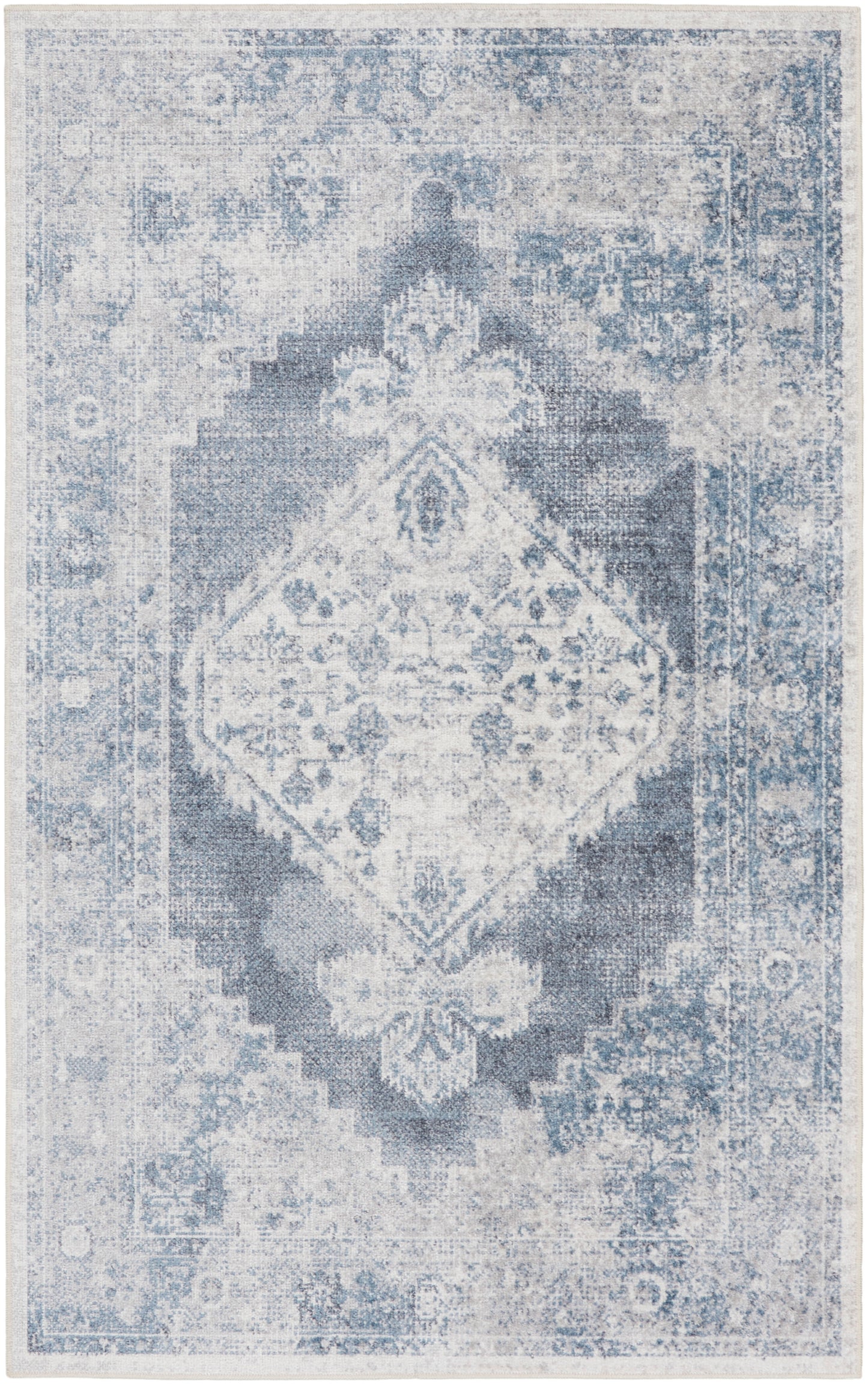 Distressed blue-gray oriental rug with a central diamond medallion and ornate floral border.