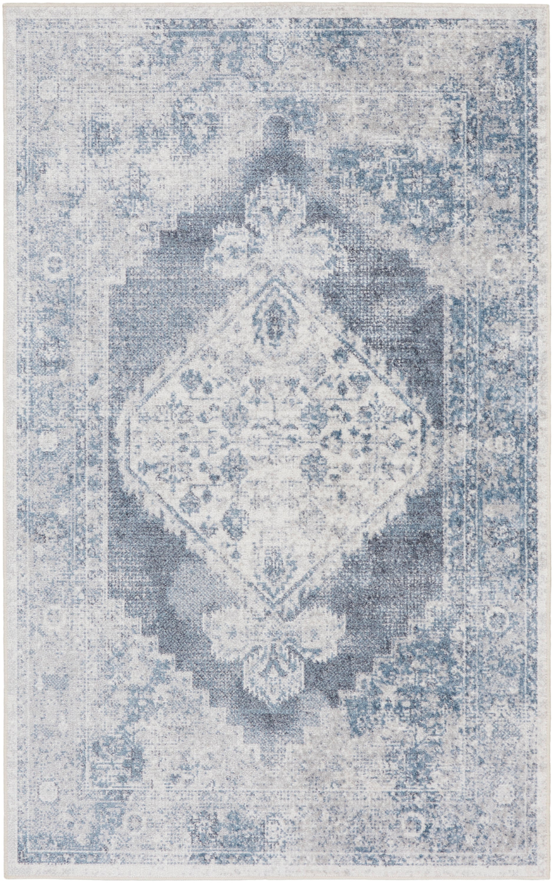 Distressed blue-gray oriental rug with a central diamond medallion and ornate floral border.