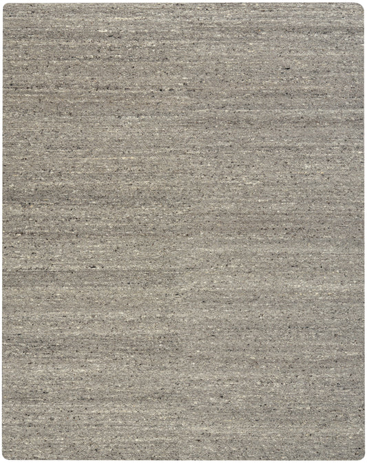 Neutral gray woven rug with subtle heather texture and speckled fibers, rectangular, flat-weave.