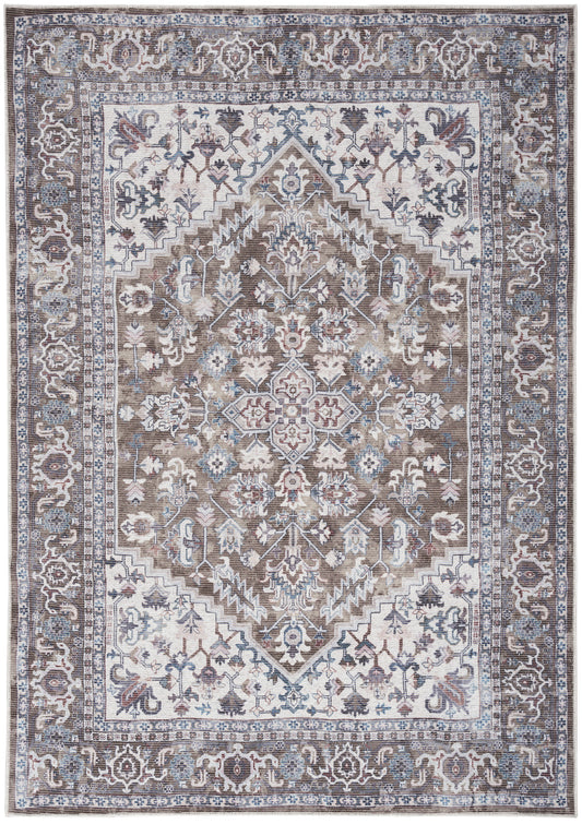 Rectangular Persian-style area rug with a beige-brown central medallion, ivory and blue florals, and ornate border.