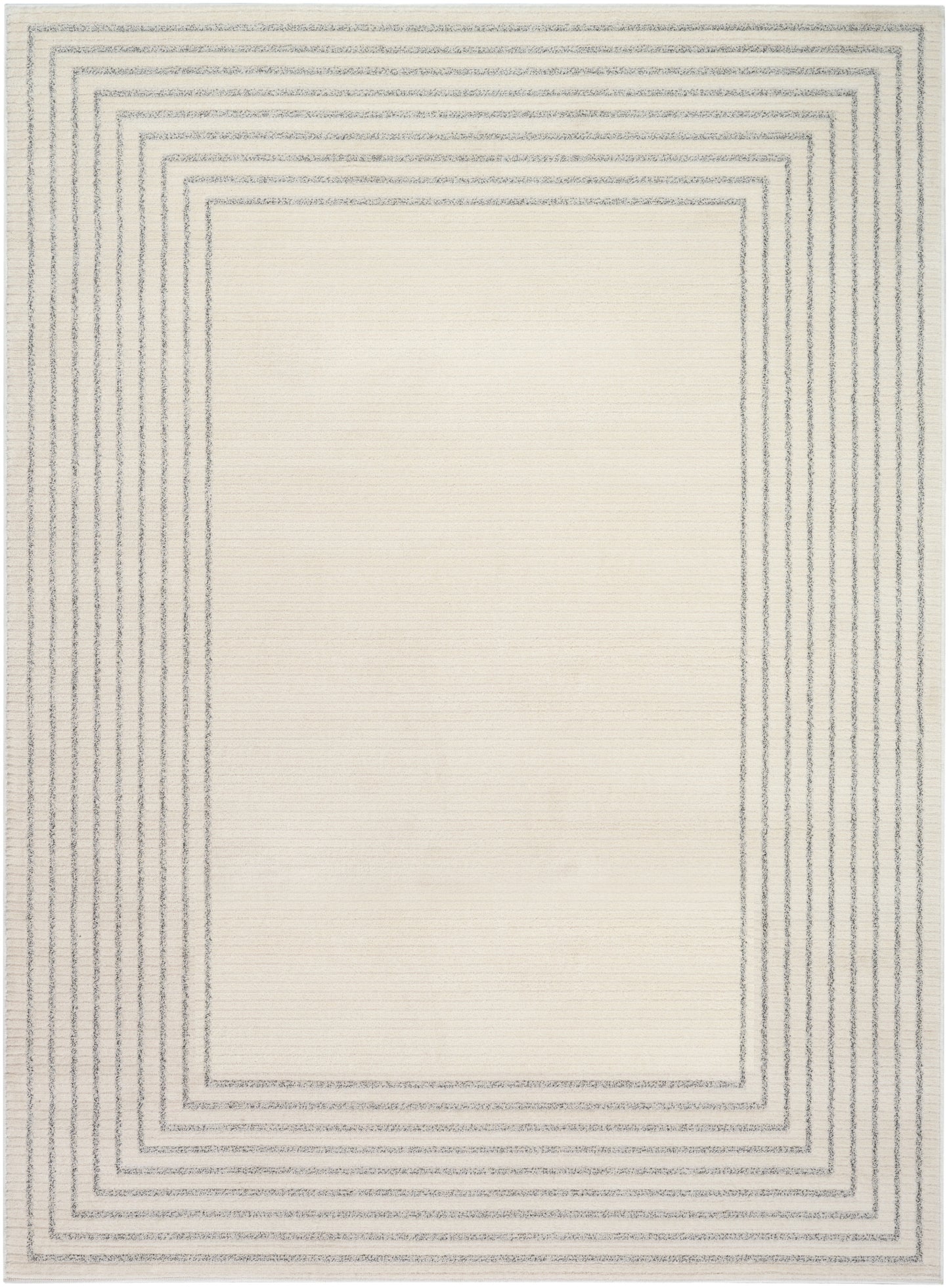 Cream rectangular rug with grey concentric border lines; modern geometric design for living room or bedroom.