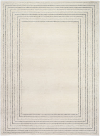 Cream rectangular rug with grey concentric border lines; modern geometric design for living room or bedroom.
