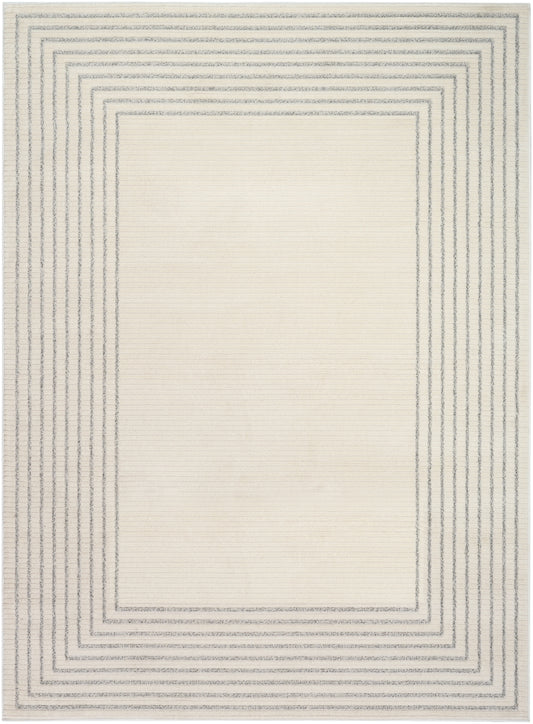 Cream rectangular rug with grey concentric border lines; modern geometric design for living room or bedroom.