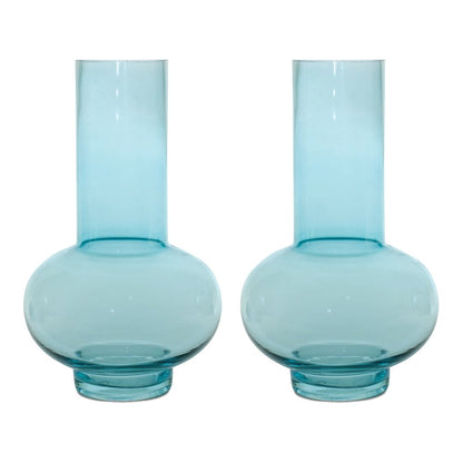 Set of Two Aqua Glass Round Table Vases