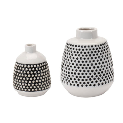 Set of Two Black And White Ceramic Round Table Vases