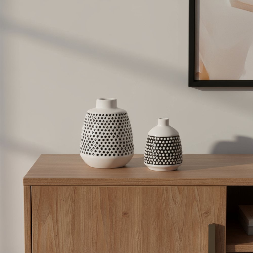 Set of Two Black And White Ceramic Round Table Vases