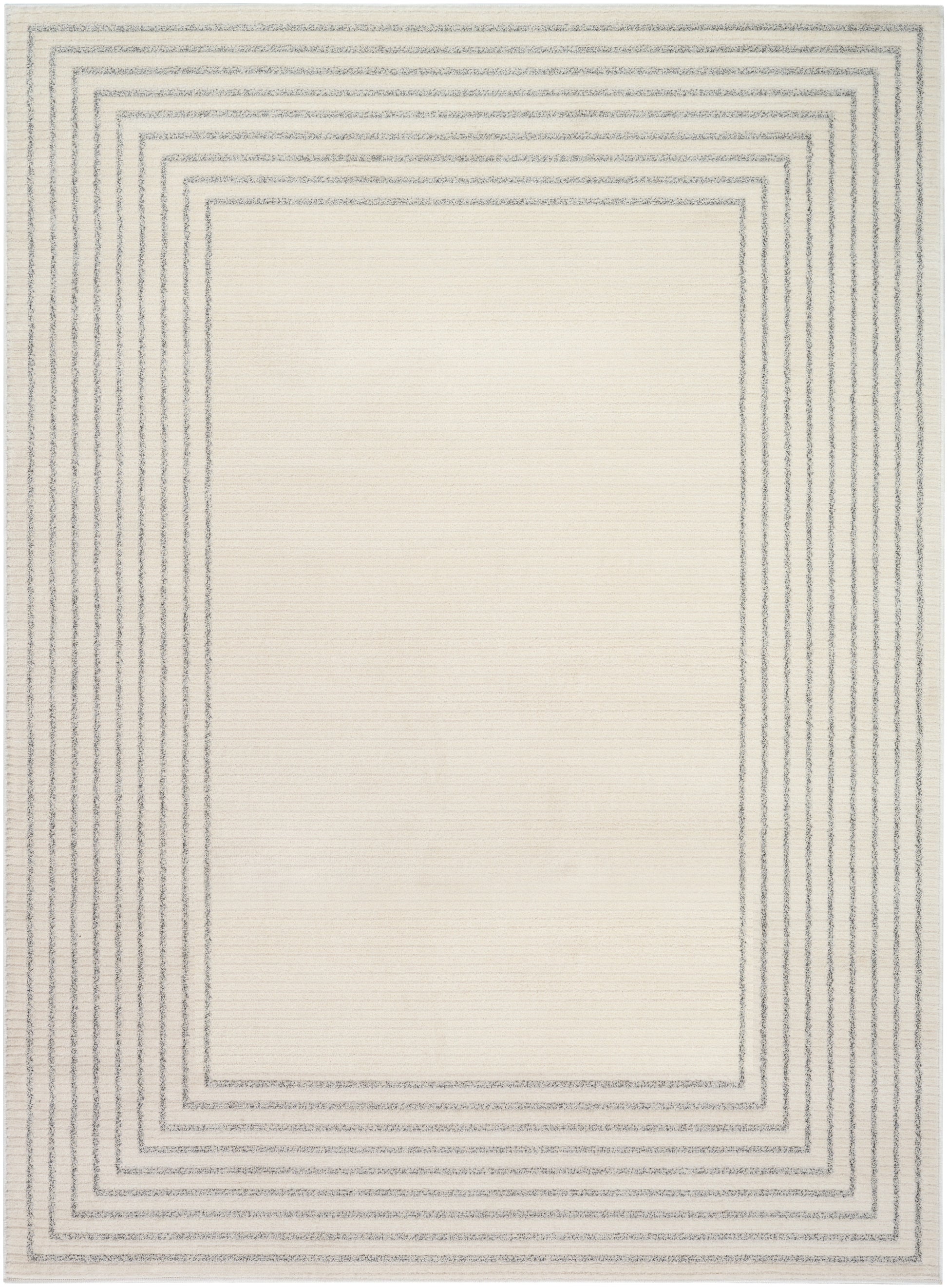 Cream rug with concentric gray rectangular borders; modern geometric area rug for living room.