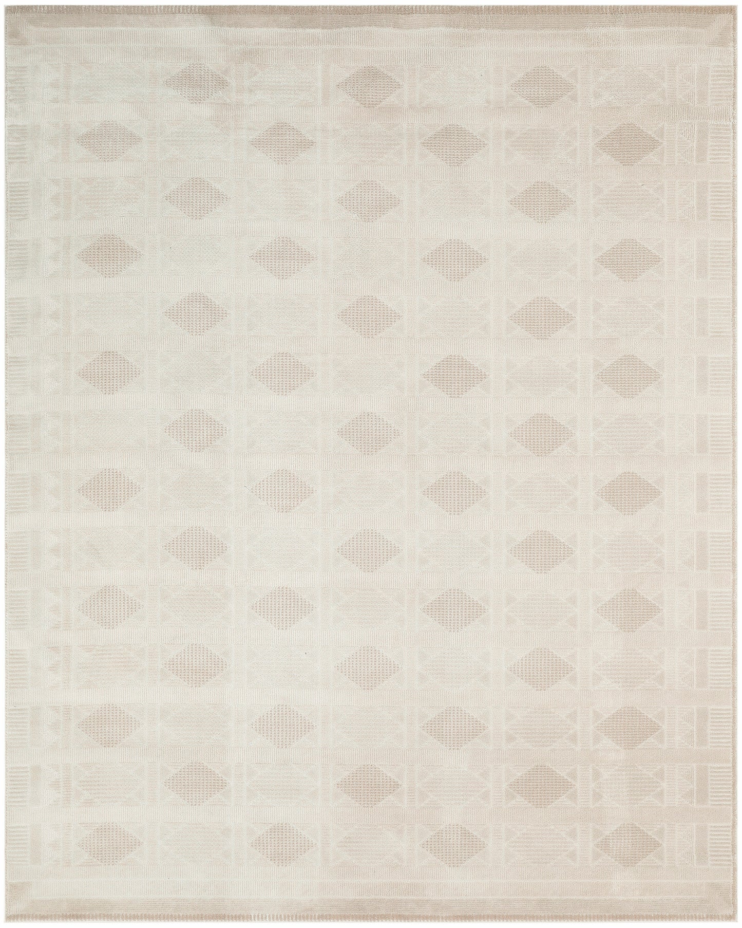 Beige flat-weave rug with subtle diamond grid pattern in neutral tones.